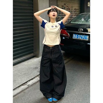 美式復古正肩短袖女夏季撞色拼接球衣風t恤修身顯瘦v領短款上衣潮