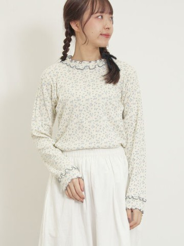 玫瑰印花捲邊領口長袖上衣(0F000551010) - Samansa Mos2