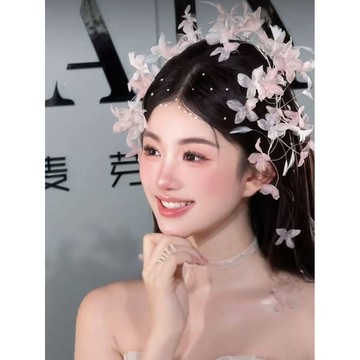 ✨臺灣出貨✨新款森系古風粉色蝴蝶髮飾新娘花朵頭飾超仙結婚婚紗禮服配飾