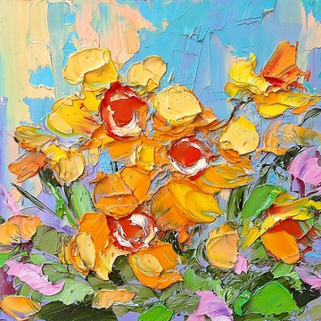 水仙花 繪畫 花卉 印象派原創藝術 6x6 英吋 方形牆面藝術 花卉