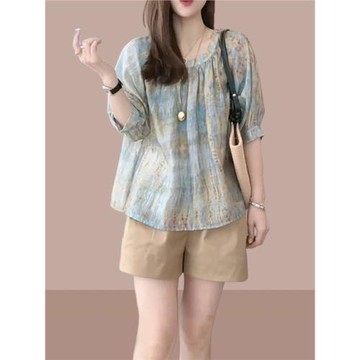 減齡洋氣時尚套裝扎染防曬襯衫女夏短褲休閑寬松小洋裝兩件套新款