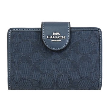 COACH 金屬馬車LOGO緹花布釦式零錢中夾(單寧藍)