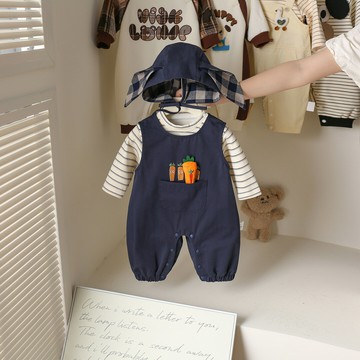 寶寶套裝2025新款秋款超萌胡蘿蔔背心爬服條紋長袖兩件套兒童衣服(鑫弘-萌寶童裝)可開發票