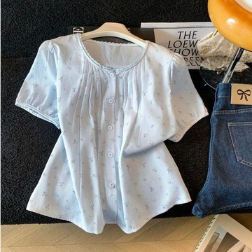 夏季碎花短袖襯衫  清新 透氣 百搭 時尚圓領花邊碎花短袖襯衫女夏26新款寬鬆百搭顯瘦氣質小衫上衣0726