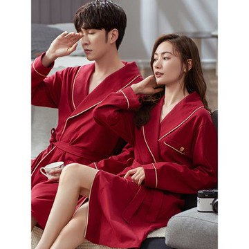 女純棉性感新娘晨袍大紅情侶睡衣