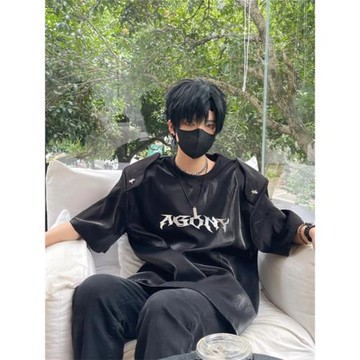 韓系解構拼接亮面墊肩T恤男生夏季潮牌高街液態金屬短袖寬松上衣