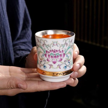 999銀茶杯純銀內膽主人杯琺瑯彩功夫茶具家用大號中式輕奢鎏銀杯