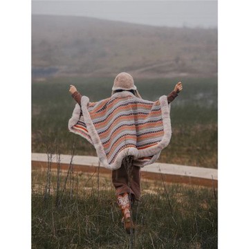 民族風披肩貓之旅店西藏旅行拼色條紋針織開衫毛茸茸針織外套秋冬