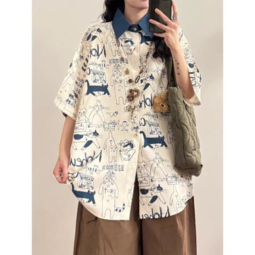 日系復古趣味卡通印花短袖襯衫女2025夏季新款學院風上衣寬松襯衣