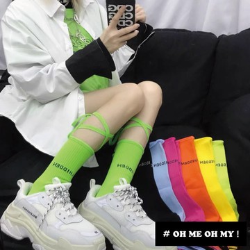 現貨S/隔日配/綁帶螢光襪/潮流素面襪/男女可穿/日系長襪/螢光綠/螢光橘/綁繩半筒襪/彈性綁繩流行小腿襪