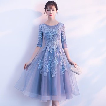 年會宴會晚禮服顯瘦輕奢小眾高端藍色名媛氣質優雅主持人連衣裙女