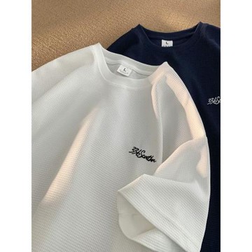 美式簡約刺繡t恤男夏季重磅復古華夫格短袖潮牌寬松圓領半袖體恤