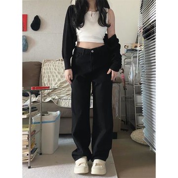 黑色直筒牛仔褲女夏季新款大碼胖mm梨形身材高腰顯瘦窄版闊腿褲子