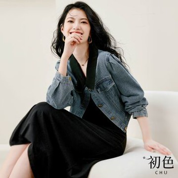 初色 吊帶細肩帶連衣裙+短版翻領長袖藍色牛仔外套套裝-黑色-30251(M-2XL可選)