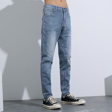 特色膝下刷破丹寧長褲(漂淺藍)-男