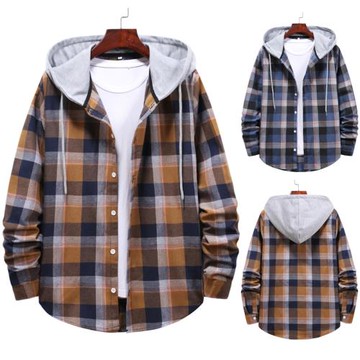 Check Hooded Casual  Long Sleeve Shirt  格紋連帽休閑長袖襯衫