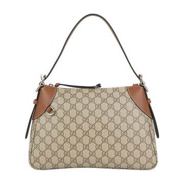 GUCCI GG Emblem 塗層帆布及皮革肩背包(米色/深棕色)