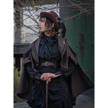 (免運)蒸汽大陸 咖色人字紋秋冬復古兩穿可拆卸短款小外套披風披肩斗篷