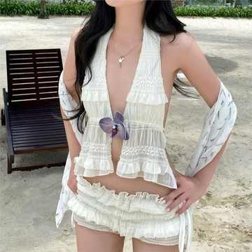 新款韓版有設計感掛脖漏背泳衣平角底褲網紗料比基尼性感女泳裝