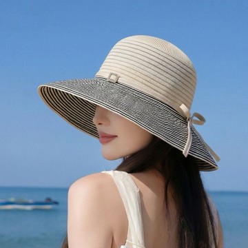 臺灣出🔥夏季戶外遮陽帽子女百搭條紋大帽檐漁夫帽沙灘海邊出遊防曬太陽帽