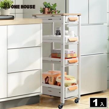 【ONE HOUSE】原仕家 免安裝抽屜廚房架 附輪推車_木蓋五層 1入(收納架/置物櫃/層架/置物架/收納推車)