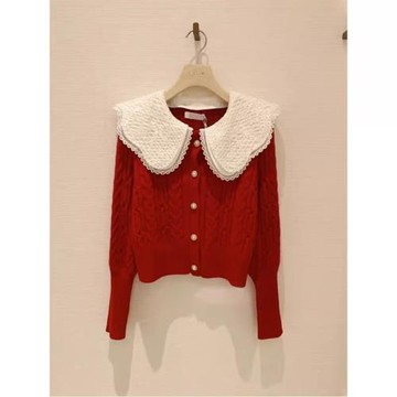 早春秋季2024新款女裝紅色小香風娃娃領針織開衫外套減齡上衣毛衣