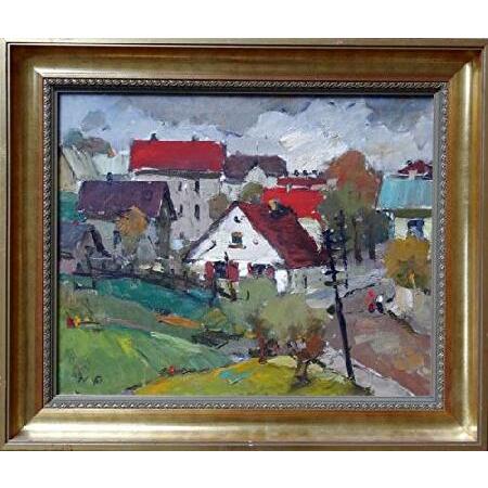 At Kandava city 1958, oil on canvas, 47x58 cm Nikolajs Petraskevics Fine art Original Artwork Landscape Houses Rural Town Trees 1950s