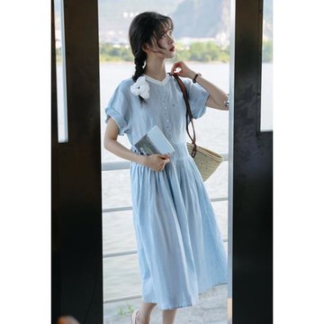 小清新文藝圓領重工高端精致連衣裙女夏季新款氣質減齡顯瘦公主裙