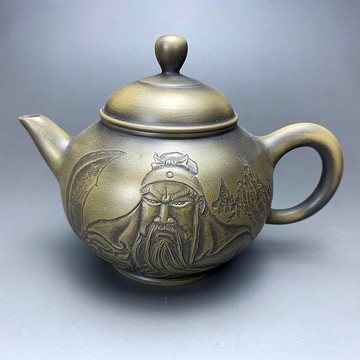 台灣【段泥窯變】雕刻關公(刀偃青龍闖五關)窯變壺
