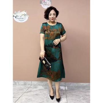 夏季新款媽媽復古桑蠶絲裙子短袖