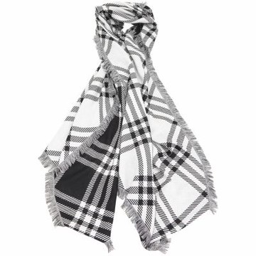 BURBERRY 巴寶莉 200x65CM 寬版格紋羊毛絲質流蘇圍巾(黑色x白色)