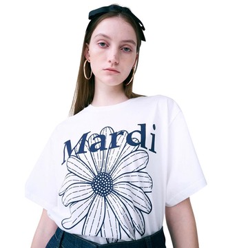 韓國 Mardi Mercredi TSHIRT FLOWERMARDI 經典印花 寬鬆短袖T恤 象牙白海軍藍IVORY NAVY