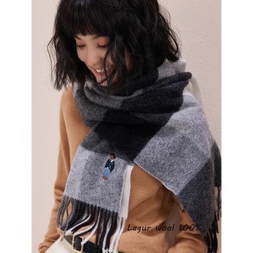 中性簡約英式小熊100%澳洲純羊毛情侶刺繡圍巾女高檔格子2025新款