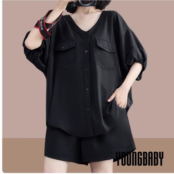 【YOUNGBABY中大碼】V領雙口袋上衣+鬆緊短褲兩件式套裝 中大尺碼女裝