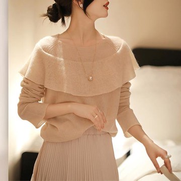 法式優雅荷葉邊上衣針織衫女秋冬內搭洋氣軟糯寬松圓領打底衫毛衣