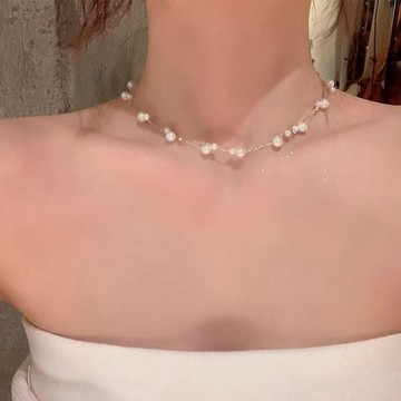 臺灣現/🎀項鏈小眾 吊墜韓系雙層珍珠滿天星項鍊女高級感輕奢小衆頸鍊配飾鎖骨鏈choker