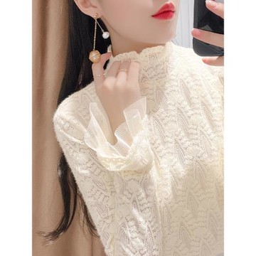 加絨高領蕾絲打底衫女秋冬內搭喇叭袖加厚保暖荷葉邊洋氣網紗上衣