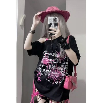 【桃園出貨+免運】大碼千禧辣妹撞色亞比夏新款亞文化斜領露肩寬鬆t恤抽繩短袖上衣