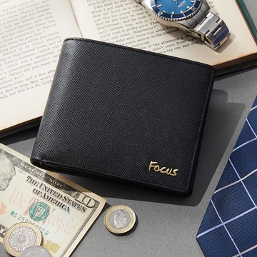 【FOCUS】真皮RFID防盜簡約9卡中翻透明窗男短夾_十字紋黑 (FHB2950)