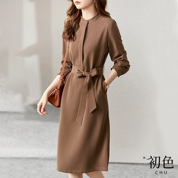 初色  立領燈籠袖收腰連身洋裝-咖啡色-64680(M-2XL可選)