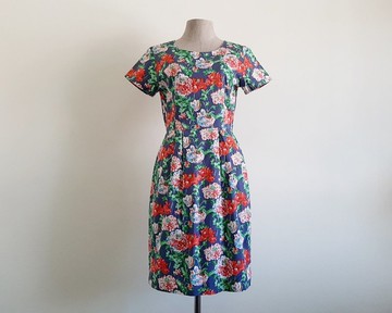 復古海軍藍紅色印花洋裝 女款 棉質 鉛筆裙 短袖 S 碼