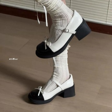 瑪麗珍鞋  小皮鞋  單鞋  小香風拼色淺口瑪麗珍鞋女2026新款配裙子粗跟厚底小皮鞋