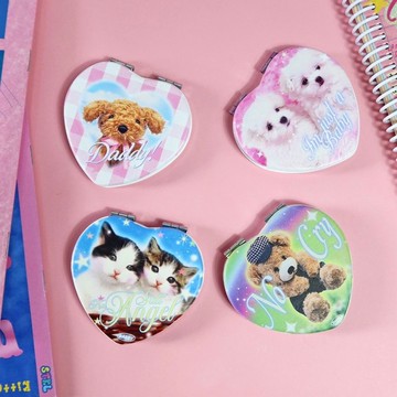 DADDY | 爸爸袖珍鏡子，心形便攜式鏡子，可愛的狗和貓圖案。