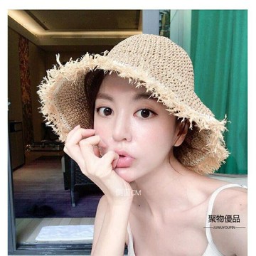磨邊草編寬檐漁夫帽女夏日系文藝百搭出游遮陽帽小清新可折疊草帽【聚物優品】