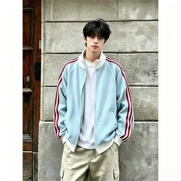 華夫格撞色立領夾克男秋季美式復古小外套大學T寬鬆百搭外套