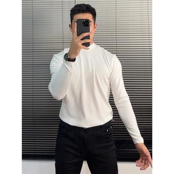 輕熟男士高品質休閑小中領長袖t恤男微寬松打底衫秋冬男生純色T衣