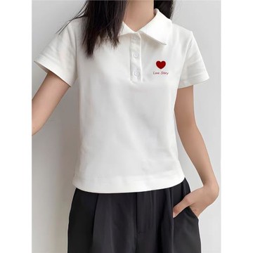 正肩翻領鈕扣Polo衫短袖T恤女純棉簡約別致氣質感ins上衣常規款