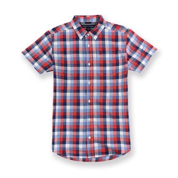 美國百分百【Tommy Hilfiger】TH 男 襯衫 短袖 上衣 休閒 口袋 格紋 紅藍白色 XS號青年版 I200
