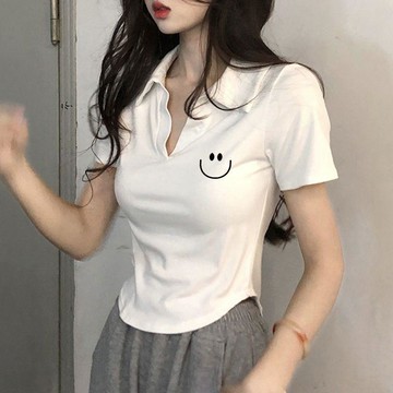 【砂糖夢境】棉質設計感甜美polo領修身上衣法式小衆高腰純欲風顯瘦短款t恤女