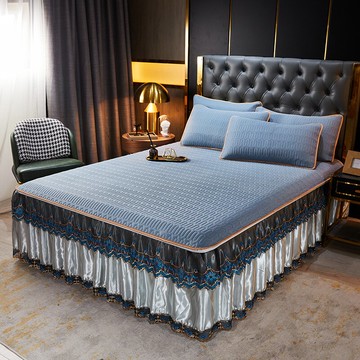 夏季絲滑裸睡可水洗機洗床裙款乳膠涼席子三件套純色冰絲床罩